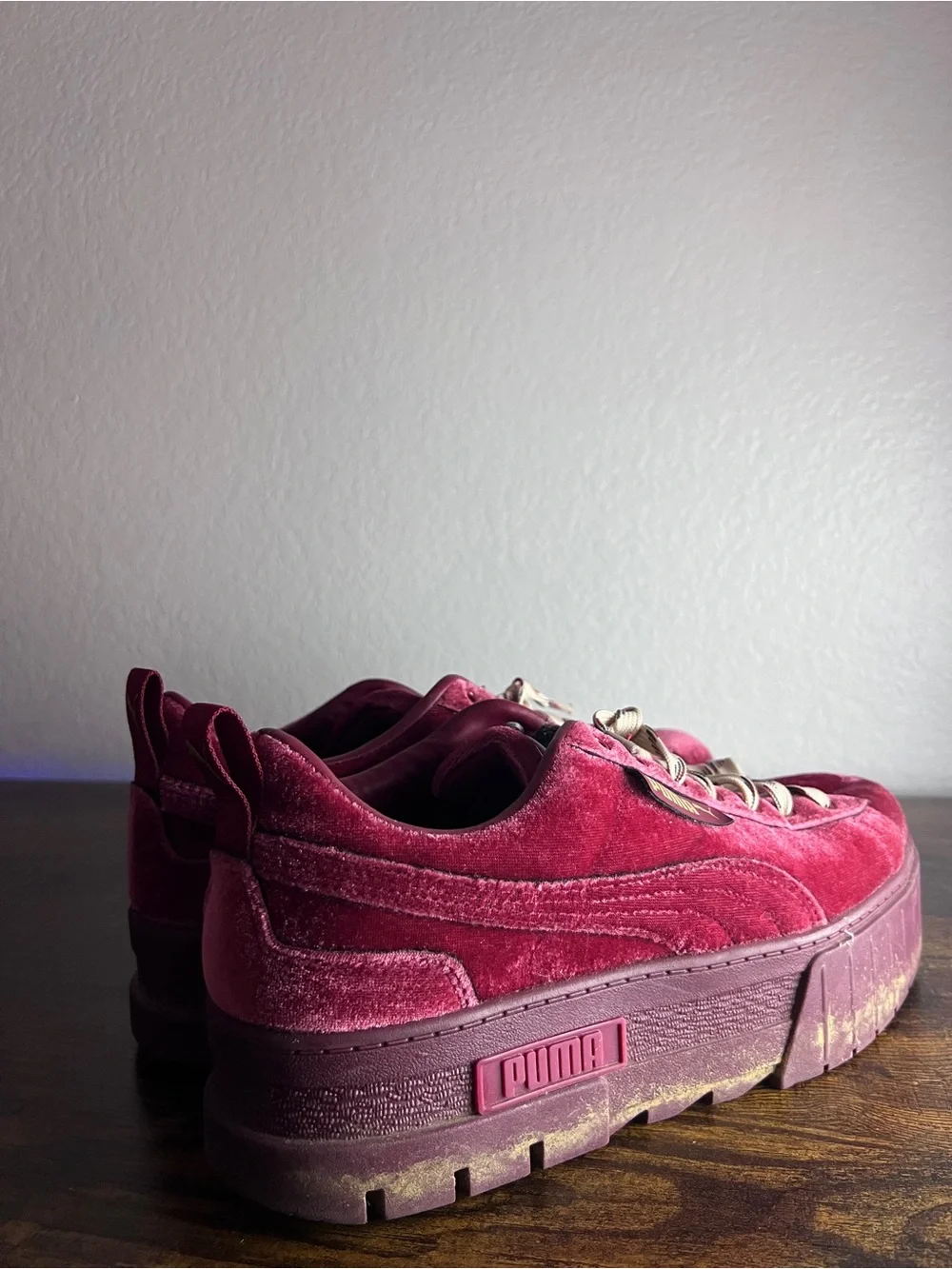 Puma Women's Velvet Platform Sneakers in Burgundy - Picture 6 of 9